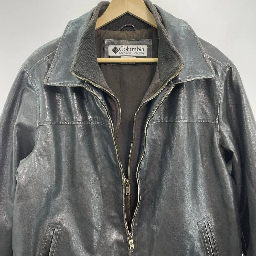 Columbia Faux Leather Bomber Jacket Aviator Distressed Full Zip Brown Mens L